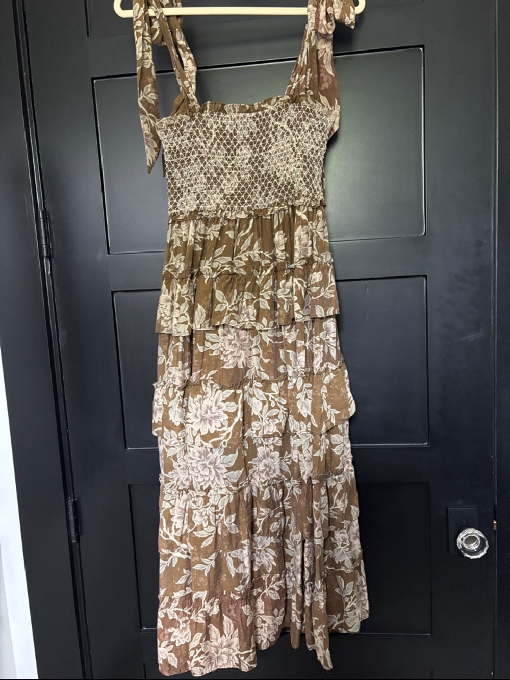 Brown Floral Maxi Dress with Smocked Bodice and Tie Straps